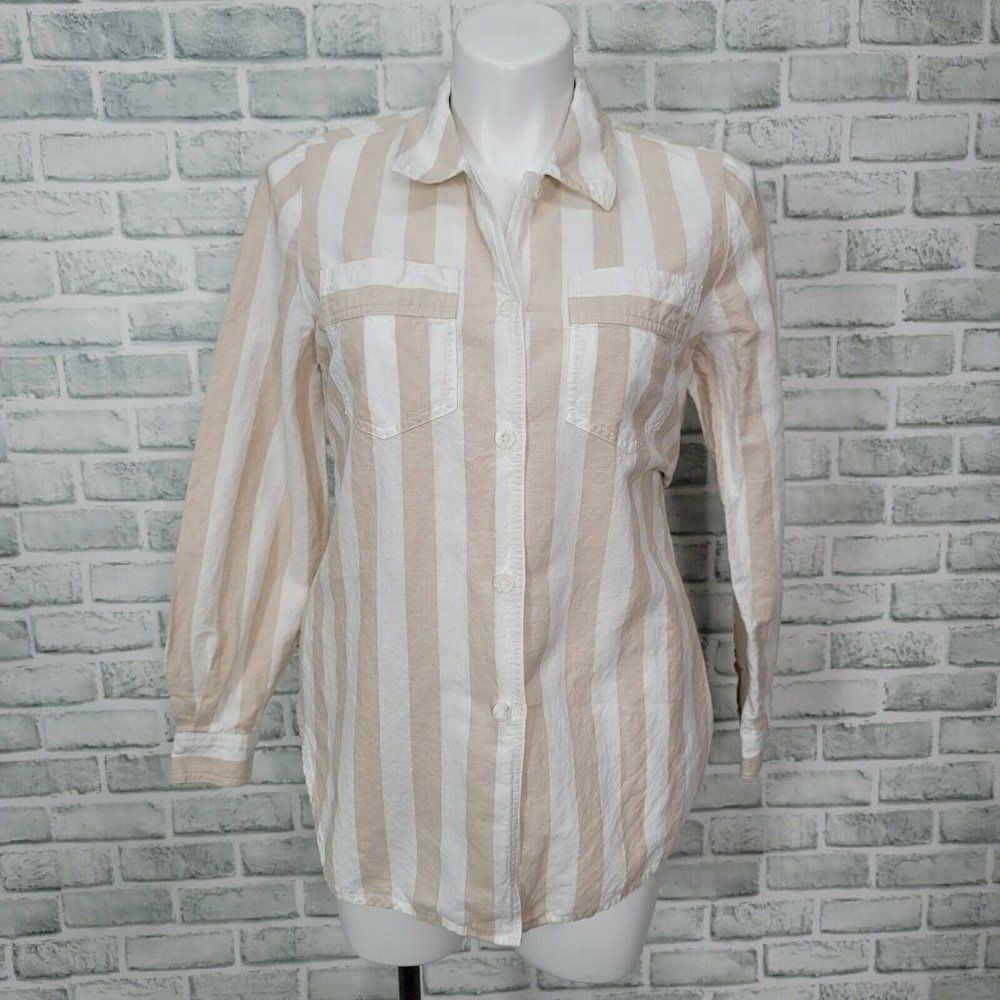 Vintage 90s Together Womens L Button Front Beige White Striped Long Sleeve Top